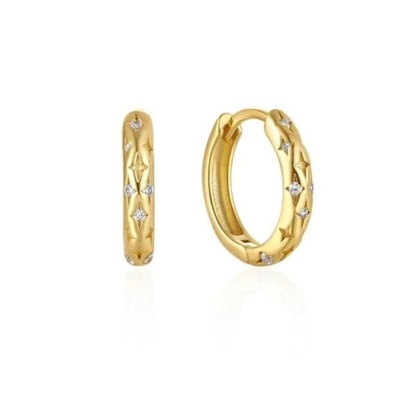 Minimalist Gold Tiny Huggie Hoop Earrings Star Engraved Cubic Zirconia Dainty - Picture 6 of 9